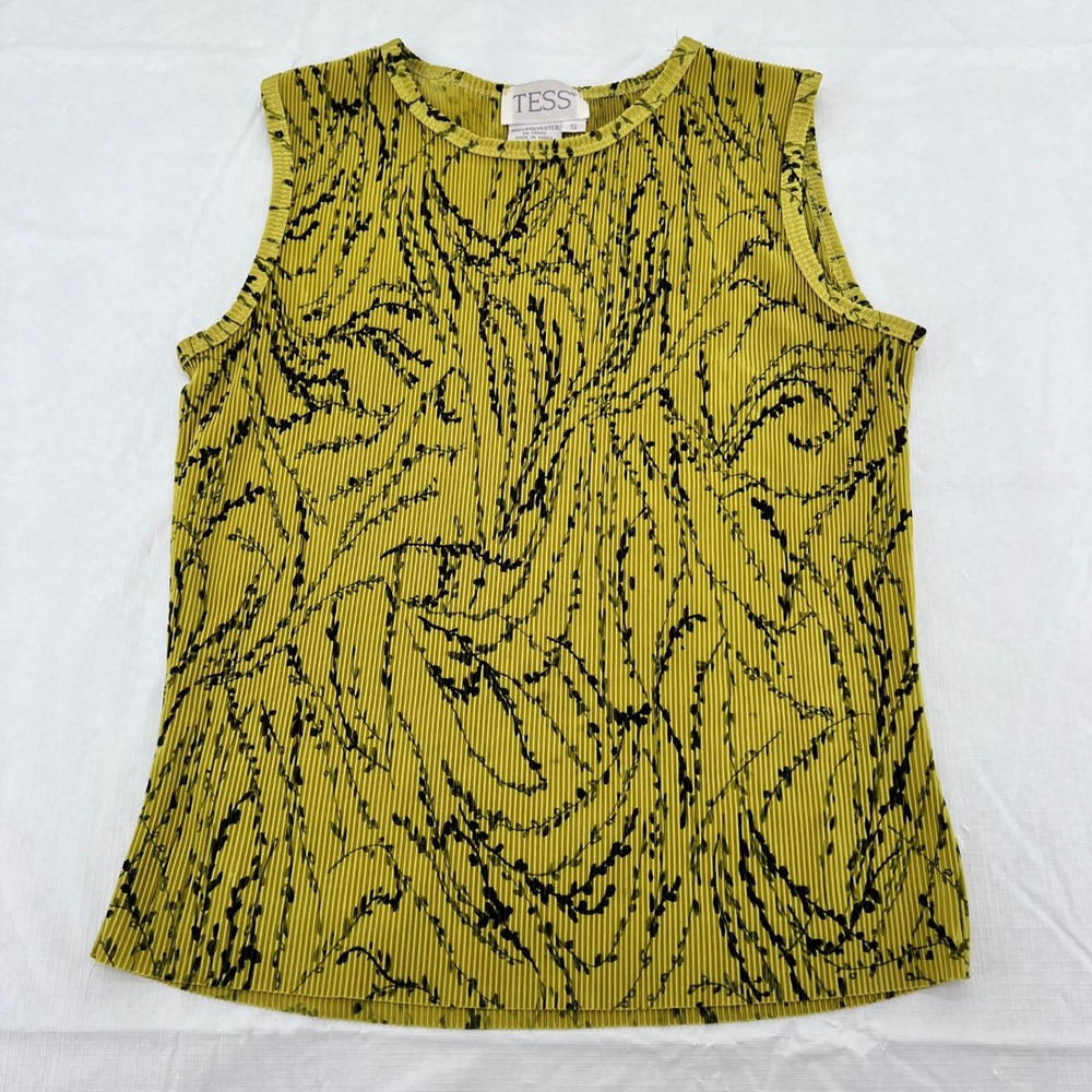TESS Womens Micro Pleated Tank Top Chartreuse Yellow Black Abstract Small 90s